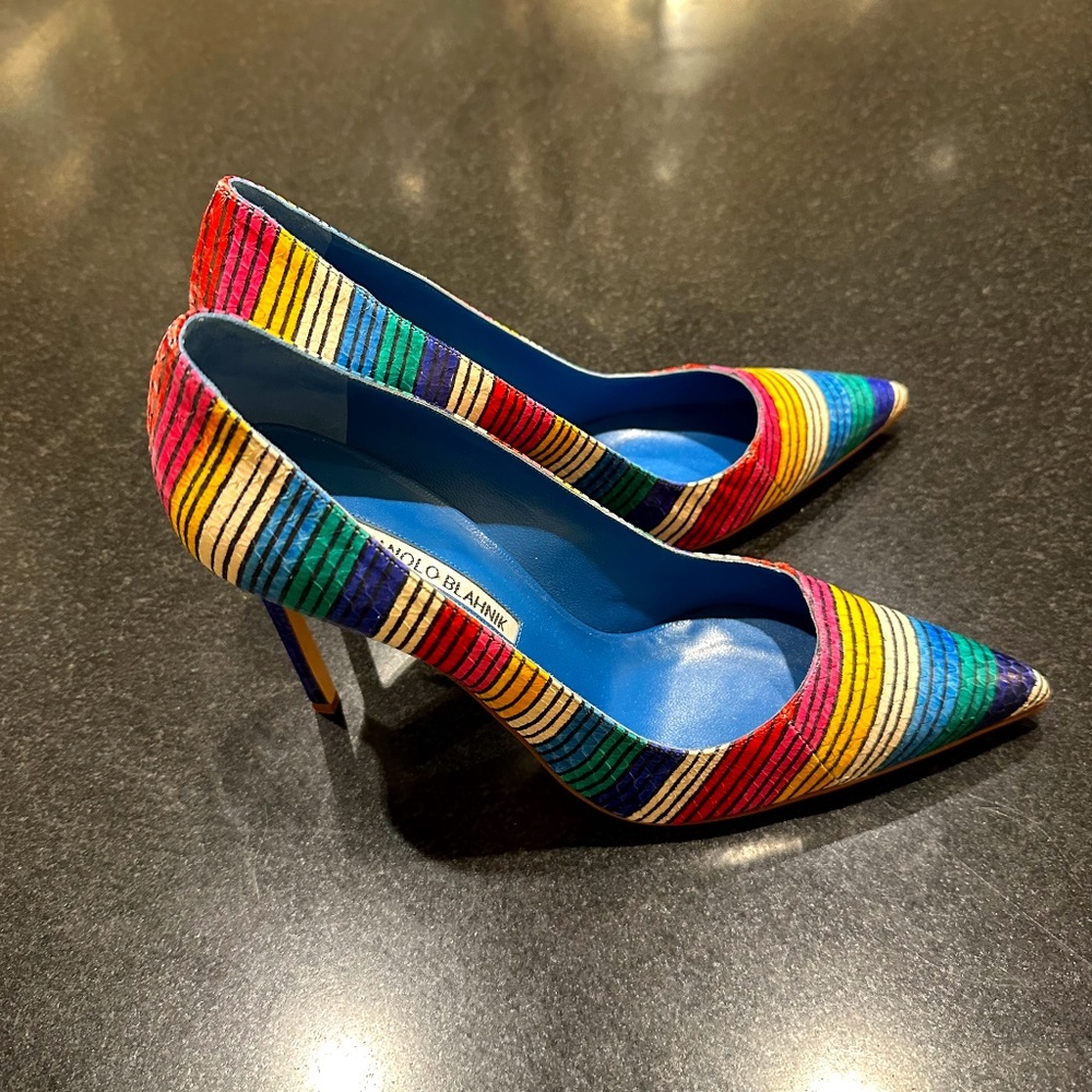 Manolo Blahnik Multicolor Striped Pointed-Toe Pumps